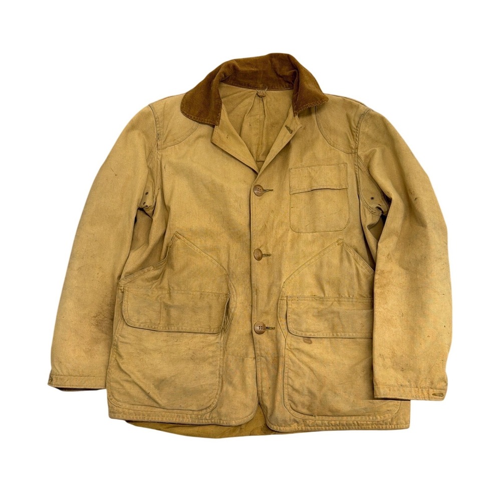 Vintage Canvas Hunting Jacket Tan Duck Cloth Corduroy Collar Chore Coat Men L